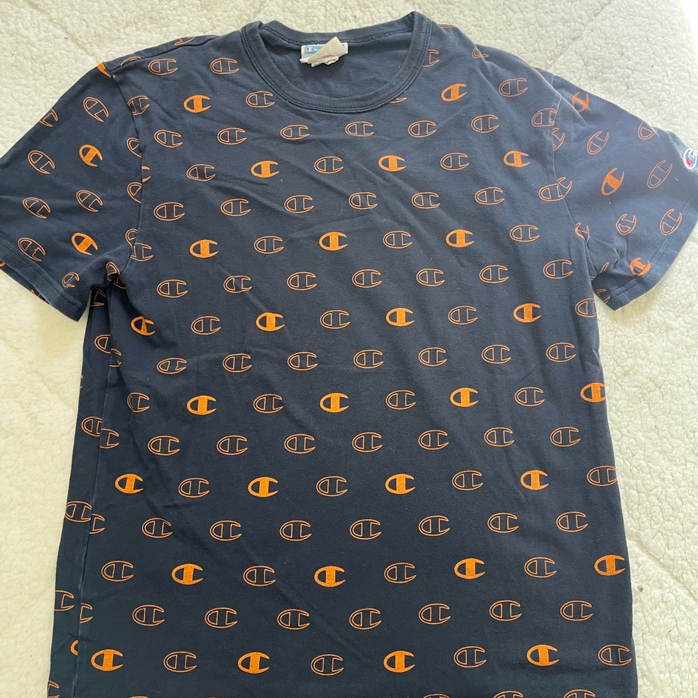 Champion Men's Navy and Orange Logo T-Shirt
